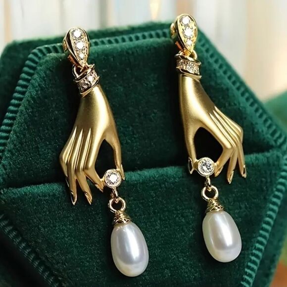 Elegant Gold Diamond Pearl and Hand Earrings - Picture 1 of 5
